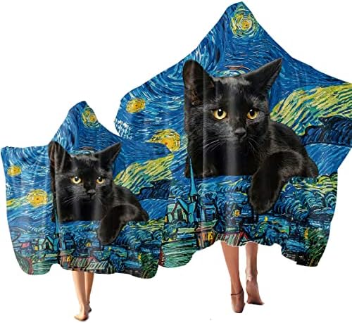 Sleepwish Starry Night Black Cat Hooded Ture Starry Night Black Cat Ultra мека качулка за пешкир за момчиња девојчиња, абсорбентични