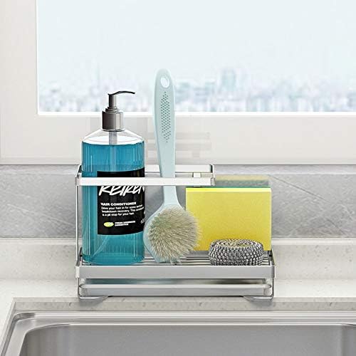 Држач за сапун за сапун за кујнски сапун, држач за сунѓер со тава за одвод - Организатор на кујнски мијалник - држач за мијалник - држач за мијалник