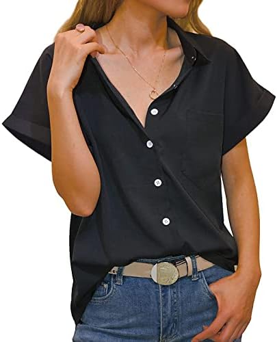Женска Внек Блуза Лето Short Краток Ракав 2023 Копче Надолу Основна Блуза Маичка за Дами во