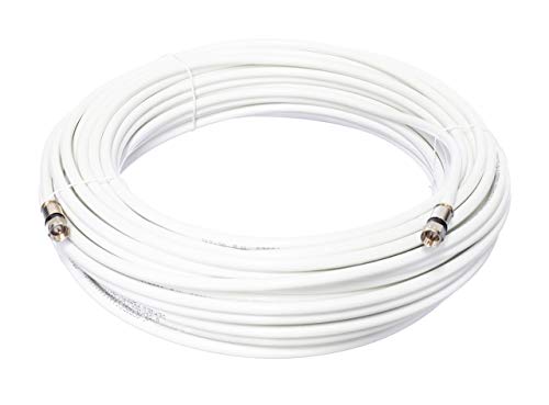 100 'стапала, бел коаксијален кабел RG6 со конектори за доказ за временски услови, F81 / RF, дигитален коакс - AV, кабелска телевизија,