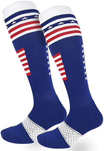 Буенваз Американско знаме колено високи чорапи за мажи, патриотски над атлетските чорапи на теле за фудбалски фудбал во бејзбол