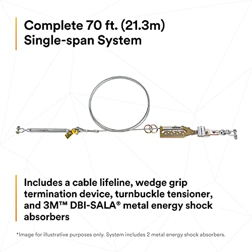 3M DBI-Sala Sayfline 7602070 Хоризонтален животен систем, 70-метарски кабел со прекинување на клин, затегнувач на клуч, абсорбер на енергија, сребро
