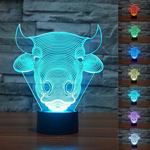 Superniudb 3D новини 3D Bull Cow 3D Night Light Table Table Desk Оптичка илузија Светиња 7 Светла за промена на бојата