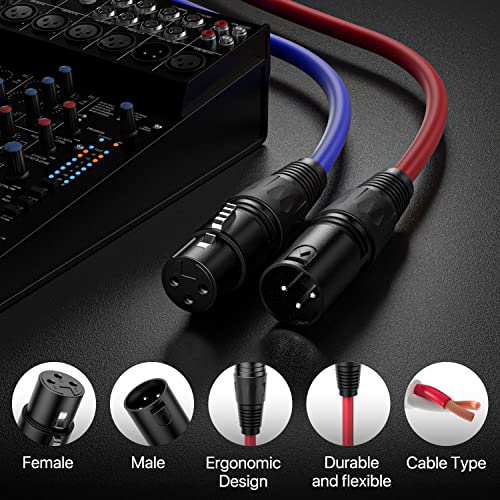 Cable Nuosiya XLR 50 ft 2 пакувања, микрофонски кабли, премија избалансиран кабел за звучник на микрофон микрофон со 3-пински XLR машки до женски DMX кабел, црвена, сина