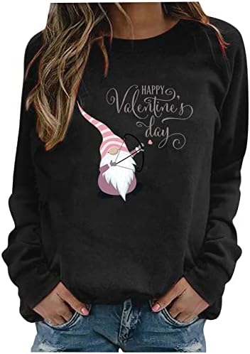 Womenените Ден на в Valentубените Ден на долги ракави кошули Loveубов Gnome Graphic Sweatshirt Преголема симпатична екипа на пулвер обични врвови