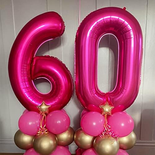 Hotешка розова 60 броеви со балон, 40 инчи 60 -ти роденденски балон фолија Милар број 60 балон големи темно розови броеви за балони за роденденски годишнини за декории