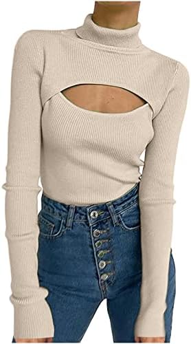 Женски тенок фитрлен џемпер секси исечени предни врвови со долги ракави пулвер со ребрести блузи кошули со клучеви за клучеви