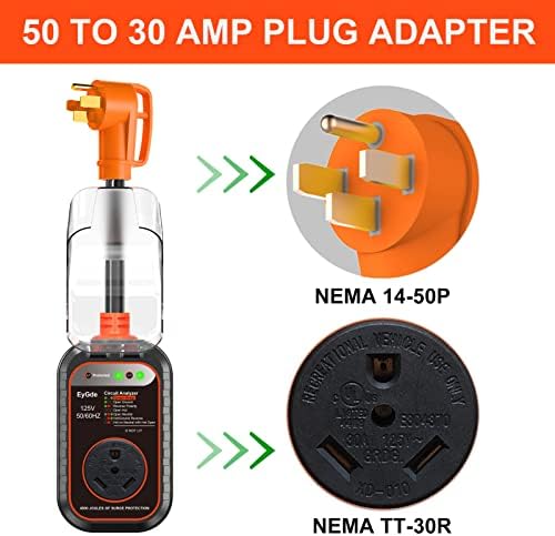 Eygde 50 AMP до 30 AMP RV адаптер со заштитник на Surge - 4500 Joules RV Analyzer Circuit со водоотпорна покривка, заштита на напон за напојување со напојување против кражба за приколка за пат