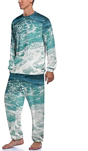 Сини Океански Бранови Машка Пижама Комплет Пуловер Со Долги Ракави Облека За Спиење Мек Сет За Дневна Соба Пјс За Домашно Патување