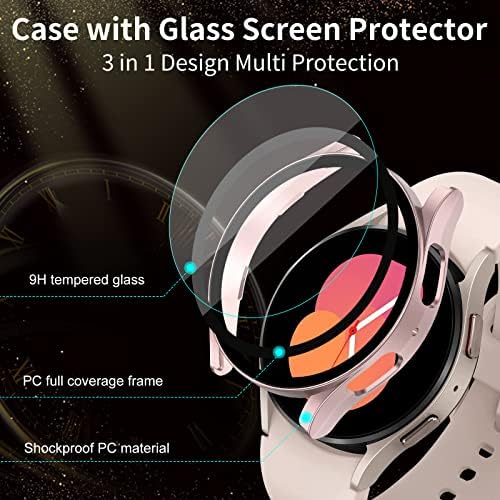 [3 пакет] Galaxy Watch 5 / Galaxy Watch 4 44mm Заштитник на екранот со калено стакло, QiBox Hard PC заштитен случај на лице, додатоци за лице, компатибилни со Samsung Galaxy Watch5 / Watch4