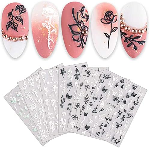 6 чаршафи 3Д втисени цвеќиња налепници за нокти Декларации 5Д само-лепете црно-бело цветна роза Пеперутка пердув дизајн на нокти Декорација