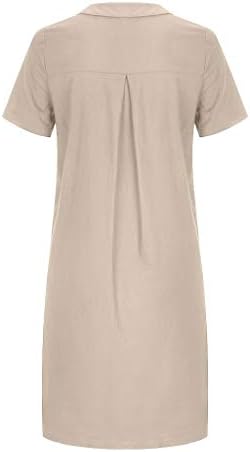 uikmnh жени туничен фустан цврст исправен врат лето летен случај со кратки ракави памучни постелнини маички краток џеб фустан