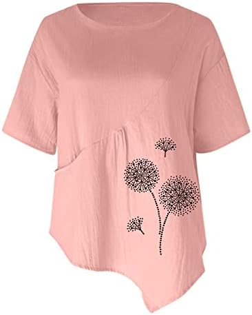Памучни постелнини врвови за жени модни глуварче печатени графички маици летни неправилни полите проточни блузи од туника