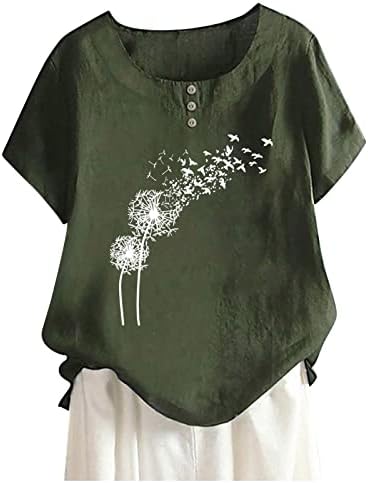 Копче надолу на блузи за тинејџери за кратки ракави со кратки ракави, ленено глуварче цветна графичка врвна маица жени 2023 година