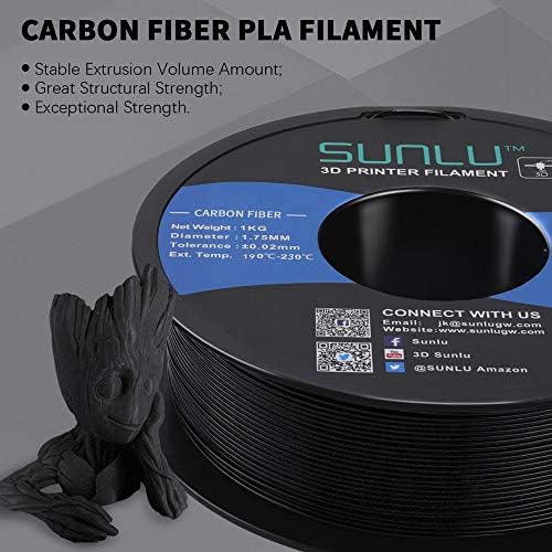 Филамента за јаглеродни влакна на Sunlu 1kg 1,75 mm 3D печатач за печатач, димензионална точност +/- 0,02 mm, 1Kg spool, 1,75 mm
