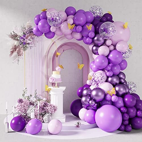 РУБФАК 139 парчиња Виолетови Нијанси Балони Венец Лак Комплет Избрани Темни Пастелни Светло Метални Конфети Виолетови Балони
