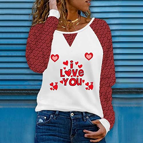 Графичка маица со црвено срце, модна капчиња чипка врвови на блуза во боја блок, обични маички слатки кошули за Денот на вineубените