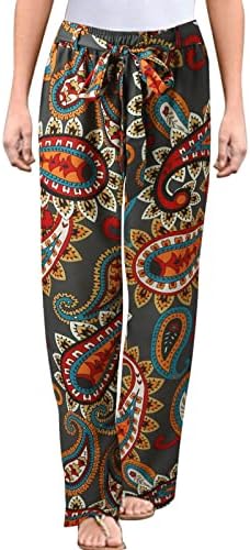Земински женски обични панталони за печатење во бохо, кои влечат еластични половини, удобни панталони со џебови графички права џемпери