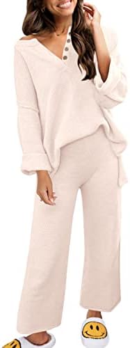 Сензерски жени 2 парчиња облеки џемпер постави копчиња со долг ракав плетен пуловер џемпер врвот широки панталони за нозе дневни