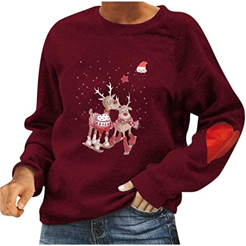 Womenените Божиќни врвови Симпатични ирваси печати обични лабави џемпери со долги ракави, удобни џемпери за пулвер