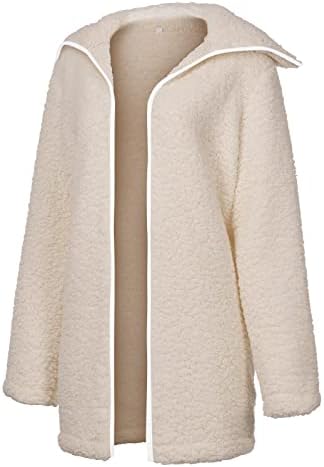 Favipt Fleece Hooded јакна жени зимско топло палто, плус големина долги ракави, шерпа дуксери, отворена предна надворешна облека со џебови, E01-Beige