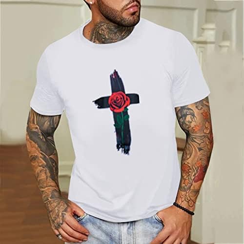 XXVR Машки летни маици со краток ракав, Исус Крос Роуз Печати екипаж за основни маички, обични лабави модни врвови на врвови