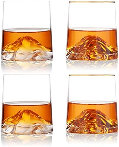 Старомодни Чаши За Виски Комплет од 4 Со Подлоги од Чеша ,Планинско Кристално Стакло Со Златна Лента од 8,5 мл За Пиење Бурбон,Коњак,