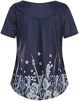 LCEPCY летни обични врвови на туника за жени цветни печати со рушена маица, тркалезно копче за кратки ракави за кратки ракави, заоблени
