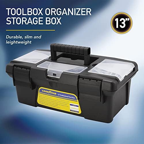 Goodyear, 13 Мала кутија со алатки со [отстранлив страничен компорт], пластична кутија со рачка, кутија за складирање на организатор на алатки,