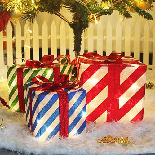 Озми Осветлени Кутии За Подароци Божиќна Декорација, Комплет Од 3 Осветлени Божиќни Кутии, Црвени Зелени И Сини Ленти Подароци Украси,