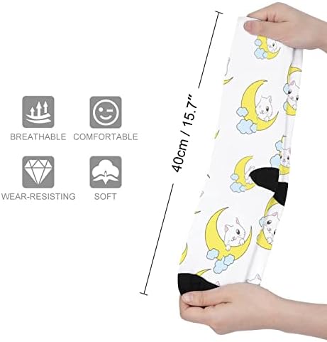 Симпатична Мачка На Месечината Печатени Чорапи Што Одговараат На Боја Атлетски Чорапи Високи Колена За Жени Мажи