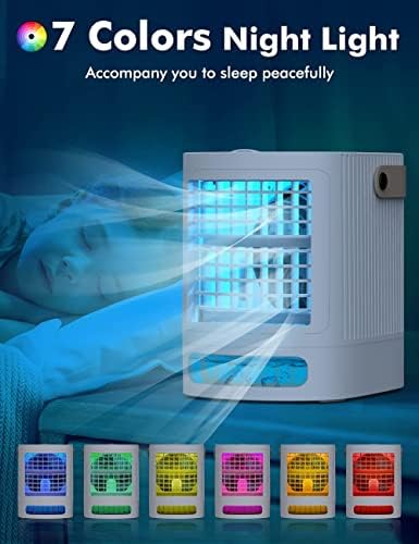 Fannole Mini климатик, личен ладилник за воздух W/ 7-боја ноќно светло, навлажнување на 3 нивоа, 3 брзини, USB напојувачки ладилник за испарувачки