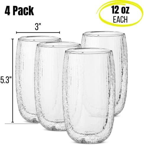 BTAT- чаши за кафе со двојни wallидови, 4 пакувања, 12 мл, стакло со двојна wallид, кригла со двојни wallидови, чаши со двојни wallидови, изолирани стаклени кригла, чаши со двојни
