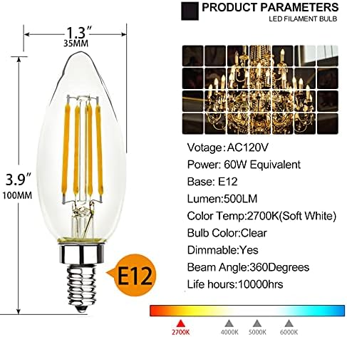 Енергични Е12 Канделабри LED Светилки 60W Еквивалент Б10 LED Сијалица Затемнета 2700k Мека Бела, 80+ CRI Канделабри Светилки, Tybe B Филамент