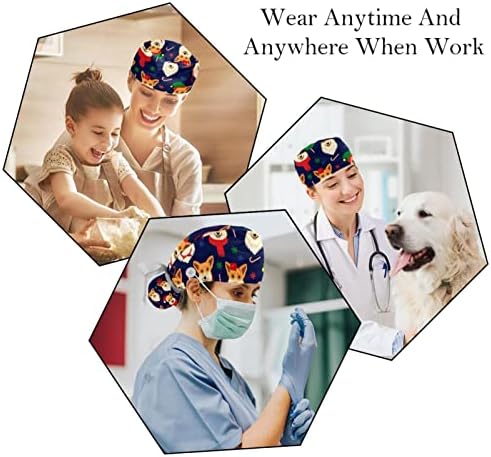 2 парчиња медицинска сестра за чистење капаци жени долга коса, прекрасна куче со прилагодливо работно капаче за божиќна капа