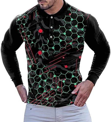 ZDDO 3D дигитални поло кошули за мажи, падот на долги ракави гроздобер случајно копче на вратот на вратот, тенок вклопени тениски