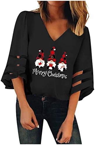 FMCHICO жени V-вратот на мрежата Топ 3/4 ракави лабава Божиќна блуза Обични пулверски врвови на туники кошули