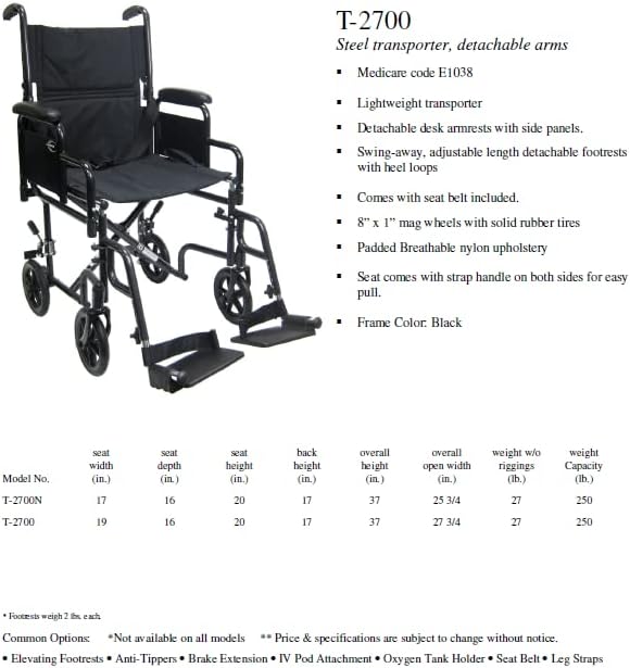 Карман К-Т-2700 19 Седиште 29 фунти. Лесна Челична Транспортна Инвалидска Количка Со Отстранлив Потпирач За Раце