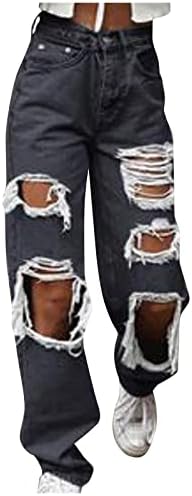 Уфоко жени искинати фармерки, тенок bellвонче во стилот на Y2K, строги црно -сини буги цветни чипка печати долги панталони