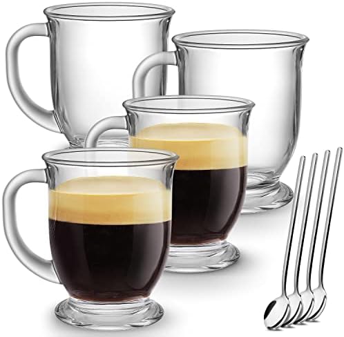 Мекој Стаклени Чаши За Кафе Комплет од 4, Проѕирна Кригла За Кафе 15 Мл, Големи Стаклени Чаши Со Рачки За Топли Пијалоци, Проѕирни Чаши За