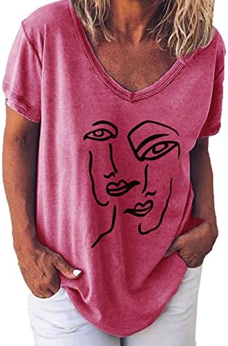 Плус големина врвови за жени летен памук краток ракав против маички за вратот модна графичка кошула за печатење обични лабави блузи