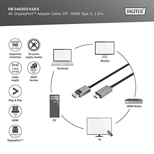 DIGITUS DP ДО HDMI Кабел СО LED 4K/30HZ, 1,8 m алуминиумско куќиште, Позлатено, Поддржува 4K30HZ