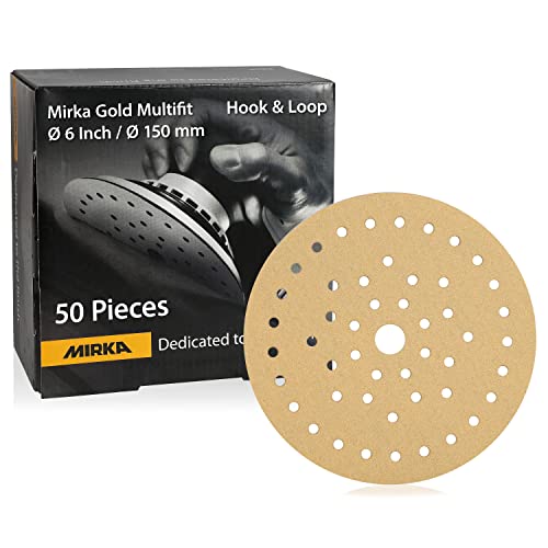 Mirka Gold Multifit 6 '' Shandpaper Grit 320 Hook and Loop, 50 пакувања 6 -инчни дискови за пескарење за орбитален сандер, влошки за песок за дрво, drywall, метал