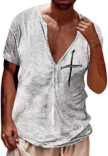 XXBR Менс потресени кошули на Хенли предна плоча Ретро етинк Кратки ракави маички Обични копче надолу измиени маици