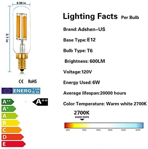Adshen - Us Dimmable T6 T25 LED Светилки Едисон, 6w Канделабри предводени 2700k Топло Бело, 60 Вати Еквивалент, 600Lm, E12 Гроздобер LED