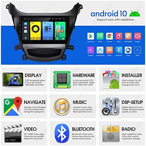 Sizxnanv За Elantra Android 10 Екран На Допир Компатибилен Со Carplay Android Auto, Автомобил Радио Стерео Bluetooth Навигациски Медиа Плеер GPS WiFi FM/AM Задна Камера За Hyundai Elantra 2014 2015