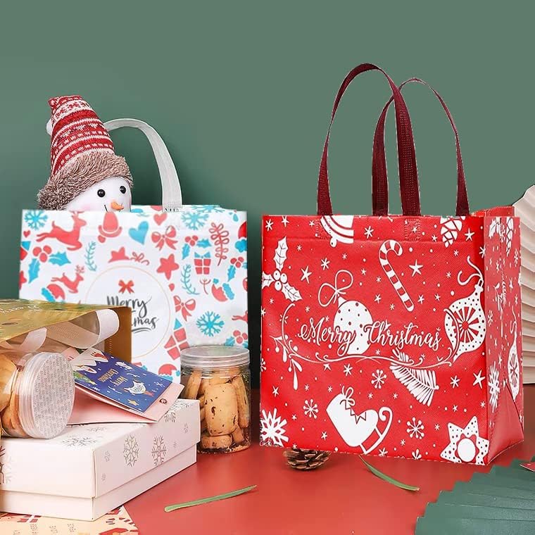 NDKLPHON 16PCS Божиќни торби за подароци, Божиќни торбички торбички за подароци со рачки, мултифункционални неткаени шопинг за шопинг за купување на шопинг, материјали з?