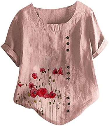 Женски памучни постелнини врвови летни кратки ракави цветни печати кошули од туника