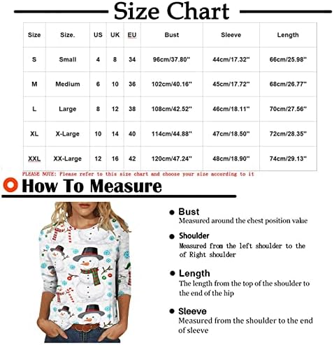 Грдите Божиќни кошули за жени 2022 Смешно слатко слатко печатење на елк, обичен 3/4 ракав, пулвер, врвови на ирваси од лов на елени