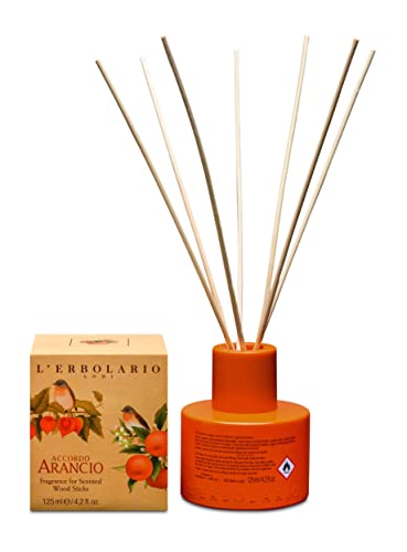 L'Erbolario - Accompo Arancio - Мирисен дифузер од дрвена трска - долготраен цитрус, крем мирис - декоративен, мирис на соба за спална соба, бања и канцеларија, 4,2 мл